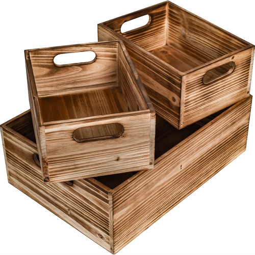 Wooden Crates with Handles Set of 3 – Rustic Farmhouse Storage Boxes for Pantry, Shelf, Closet, Arts & Crafts, Home Organizer Decorative Wood Crate Display Boxes Brown