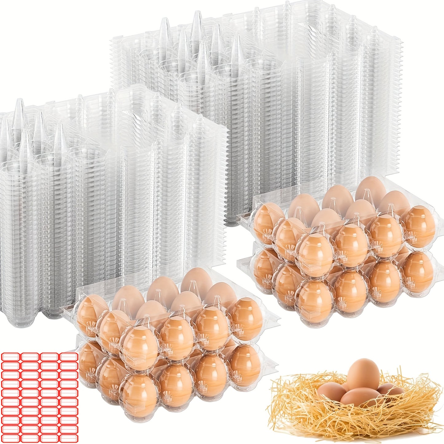 52/104-Pack Egg Carton Bulk 12-Count Clear Plastic Egg Containers with Sticker Labels, Reusable Egg Rack for Home Farm Market Display, Plastic Egg Packaging for Craft Projects