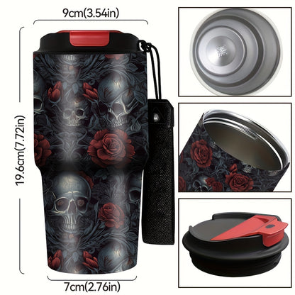 Gothic Skull & Roses Design Coffee Cup, 20oz Stainless Steel Insulated Tumbler with Carrying Strap, Beverage Container, Travel Mug, Summer Water Bottle, Camping Drinkware, Ideal Gift for Halloween, Birthdays, Christmas, Easter, Parties, Holiday