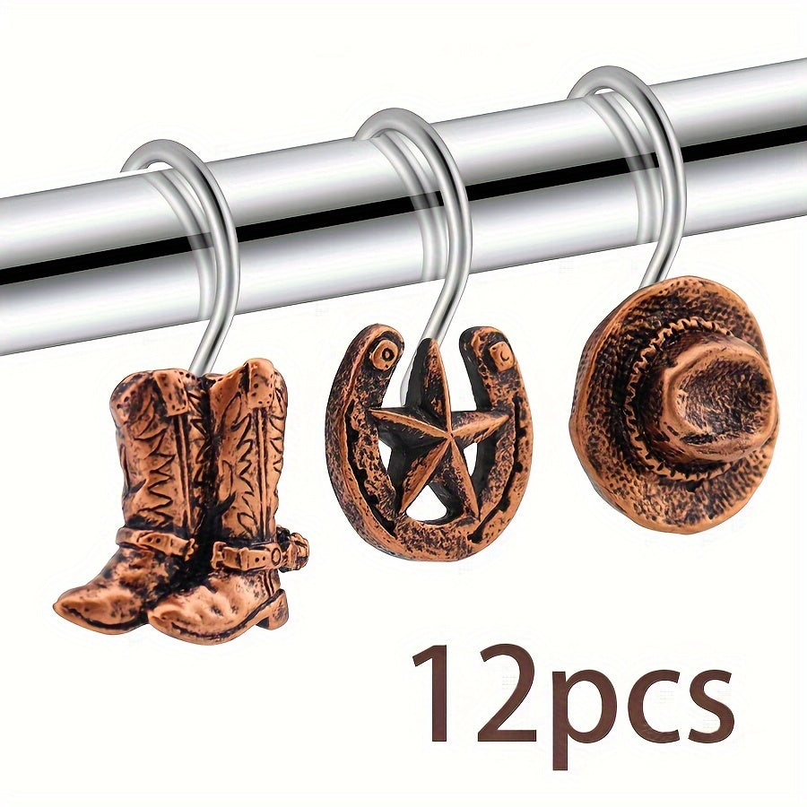 12 Shower Curtain Hooks Western Cowboy and Rural Farmhouse Style Bathroom Accessories - Vintage Metal Resin with Horse Boots, Hats, and Star Patterns