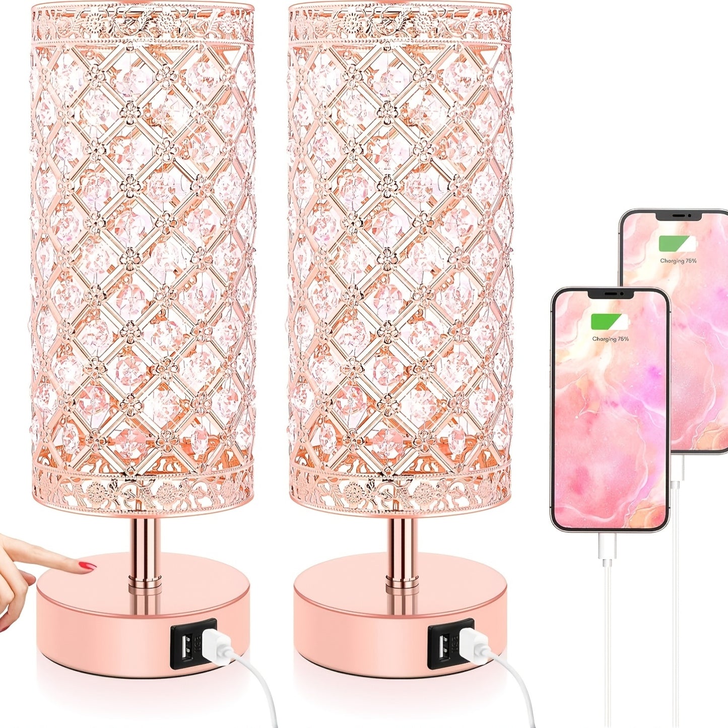Touch Control Crystal Table Lamps With 2 USB Ports, 3-Way Dimmable Bedside Nightstand Lamps With Decorative Crystal, Small Table Lamps For Bedrooms Living Room, Office, Led Bulb Included