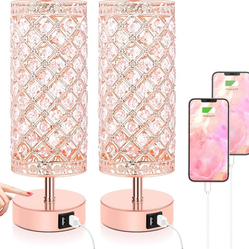 Touch Control Crystal Table Lamps With 2 USB Ports, 3-Way Dimmable Bedside Nightstand Lamps With Decorative Crystal, Small Table Lamps For Bedrooms Living Room, Office, Led Bulb Included