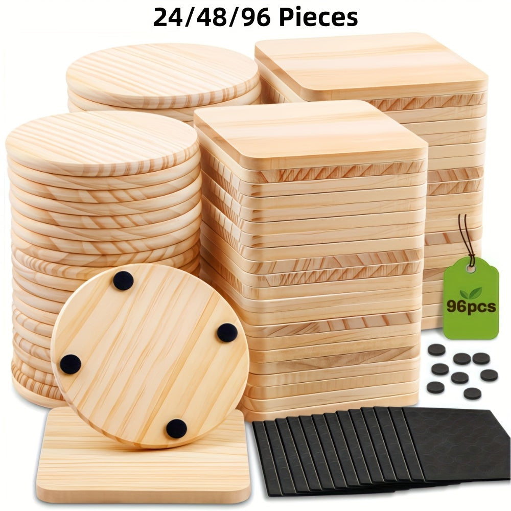 24/48/96pieces Unfinished Wood Coaster Blanks(4 Inch Square & Round) With Non-Slip Foam Stickers - DIY Craft Supplies For Painting, Engraving, Burning & Decor - Ideal Handmade Gifts & Home Decor For Christmas Halloween Easter, Mother'S Day Craft Gift