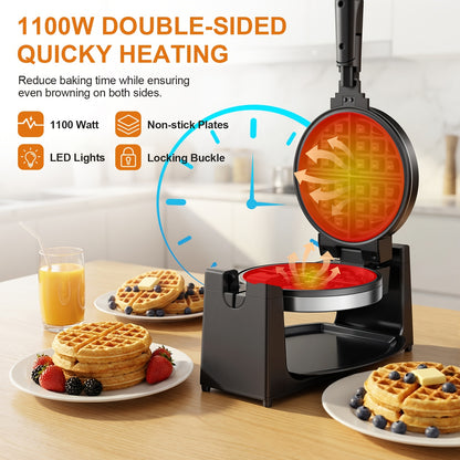 [Rotating Belgian Waffle Maker] Waffle Maker, Rotating Belgian Waffle Maker, 180 Degree Flip Waffle Iron, Non-Stick Plate, Adjustable Browning Control, Foldable Cool Touch Handle, Removable Drip Tray, Space Saving Storage, Stainless Steel