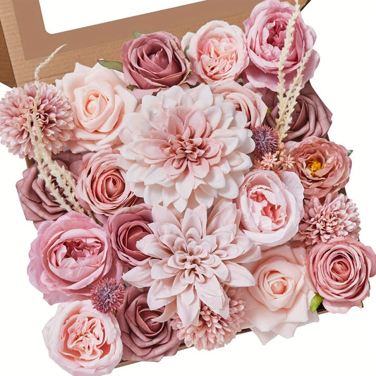 Pink Rose Dahlia Faux Flowers Box - Realistic PE Foam Artificial Flowers with Wire Stems for Wedding Bridal Bouquet Home Decor Table Arrangement Party Cake Baby Shower Birthday Decoration