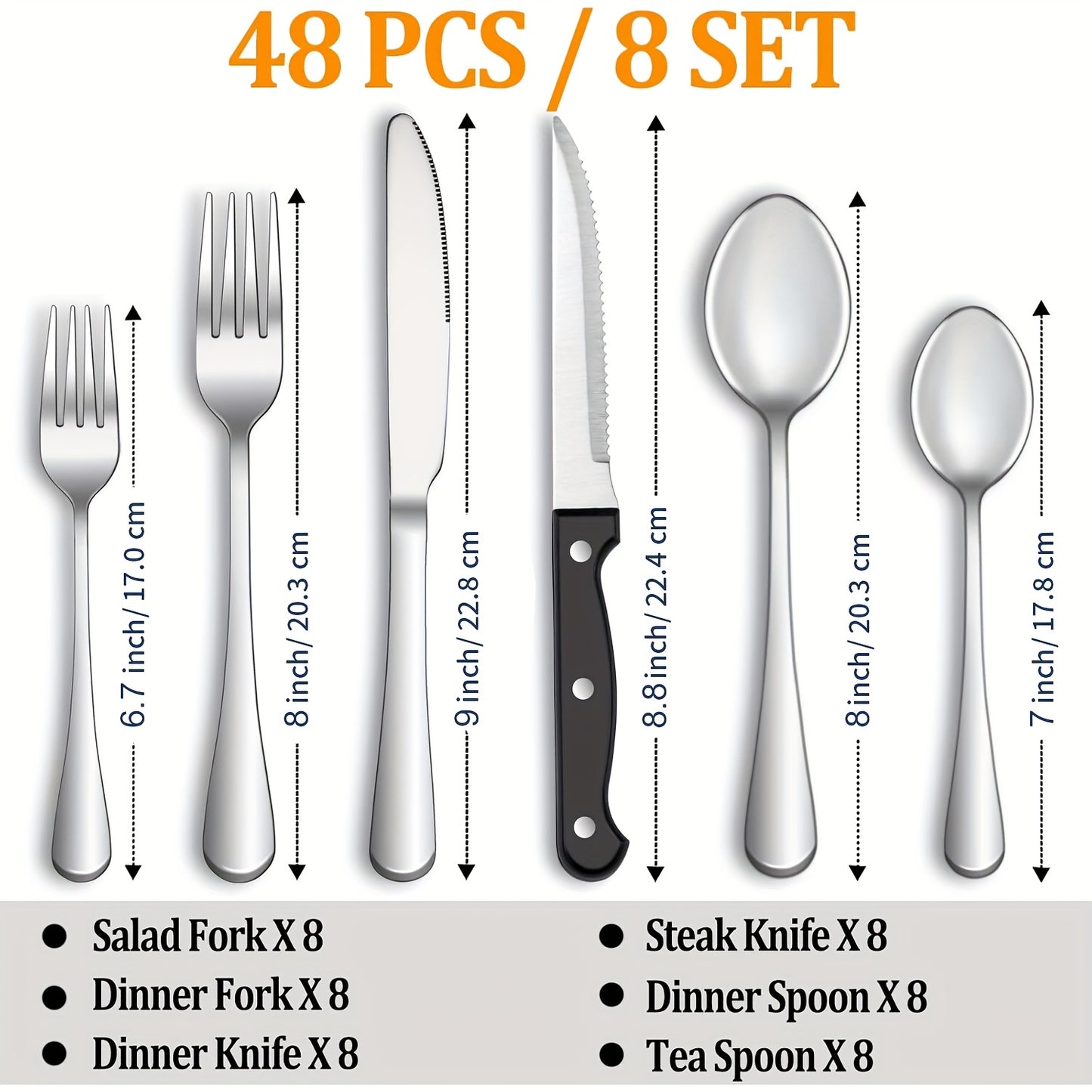 24/48pcs Black Silverware Set With Steak Knives Service For 4/8, Christmas Stainless Steel Flatware Set, Mirror Polished Kitchen Accessories, Home Kitchen Party Eating Tableware Set, Include Fork Knife Spoon Set, Dishwasher Safe (Silver, Black)