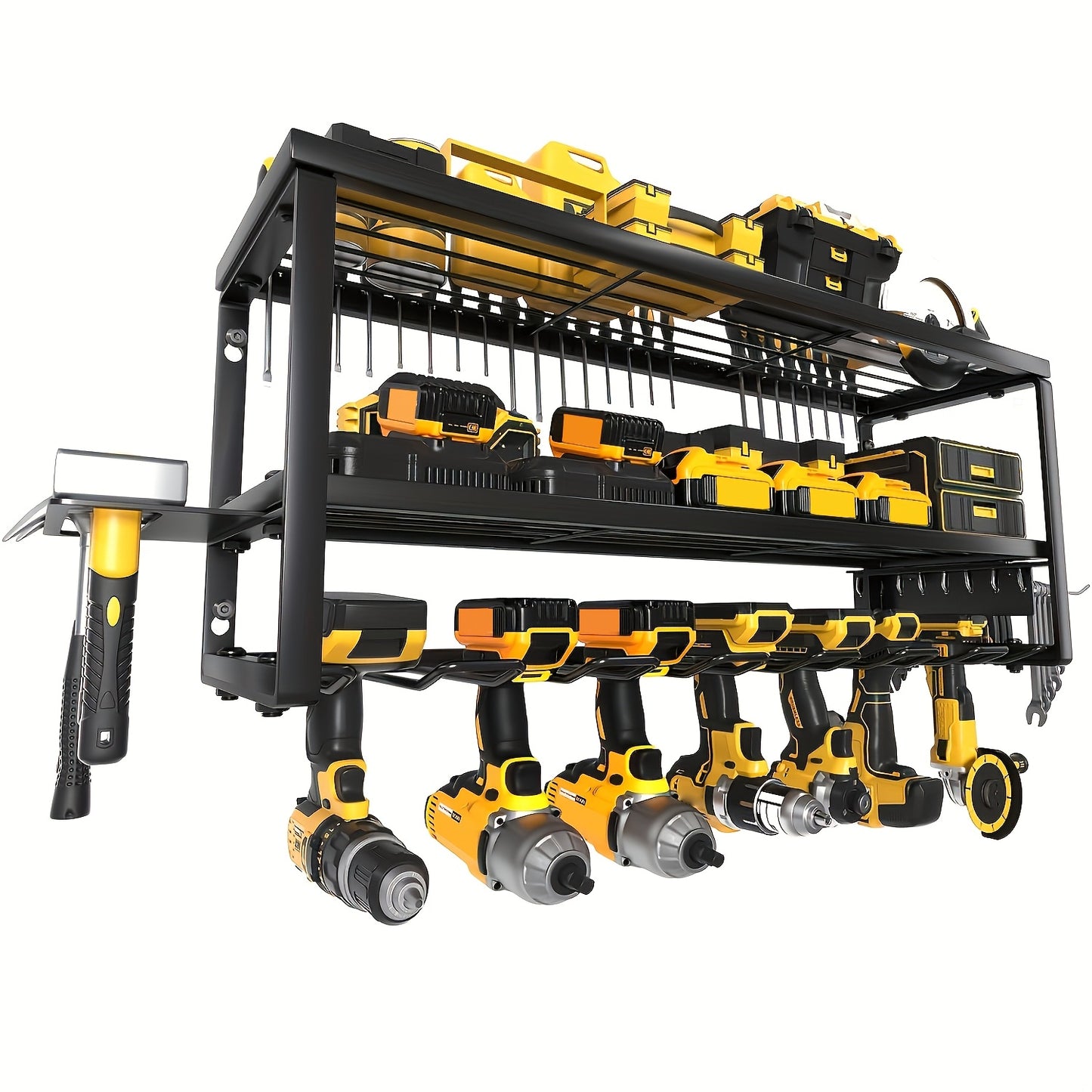 Wall Mounted Power Tool Organizer Rack – Heavy Duty Metal Drill Holder with 2/3/4 Layer Floating Shelf | Garage Tool Storage for Cordless Drills, Screwdrivers & Power Tools | No Electricity Needed