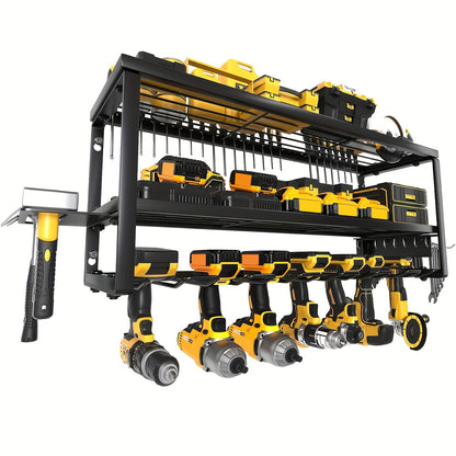 Wall Mounted Power Tool Organizer Rack – Heavy Duty Metal Drill Holder with 2/3/4 Layer Floating Shelf | Garage Tool Storage for Cordless Drills, Screwdrivers & Power Tools | No Electricity Needed