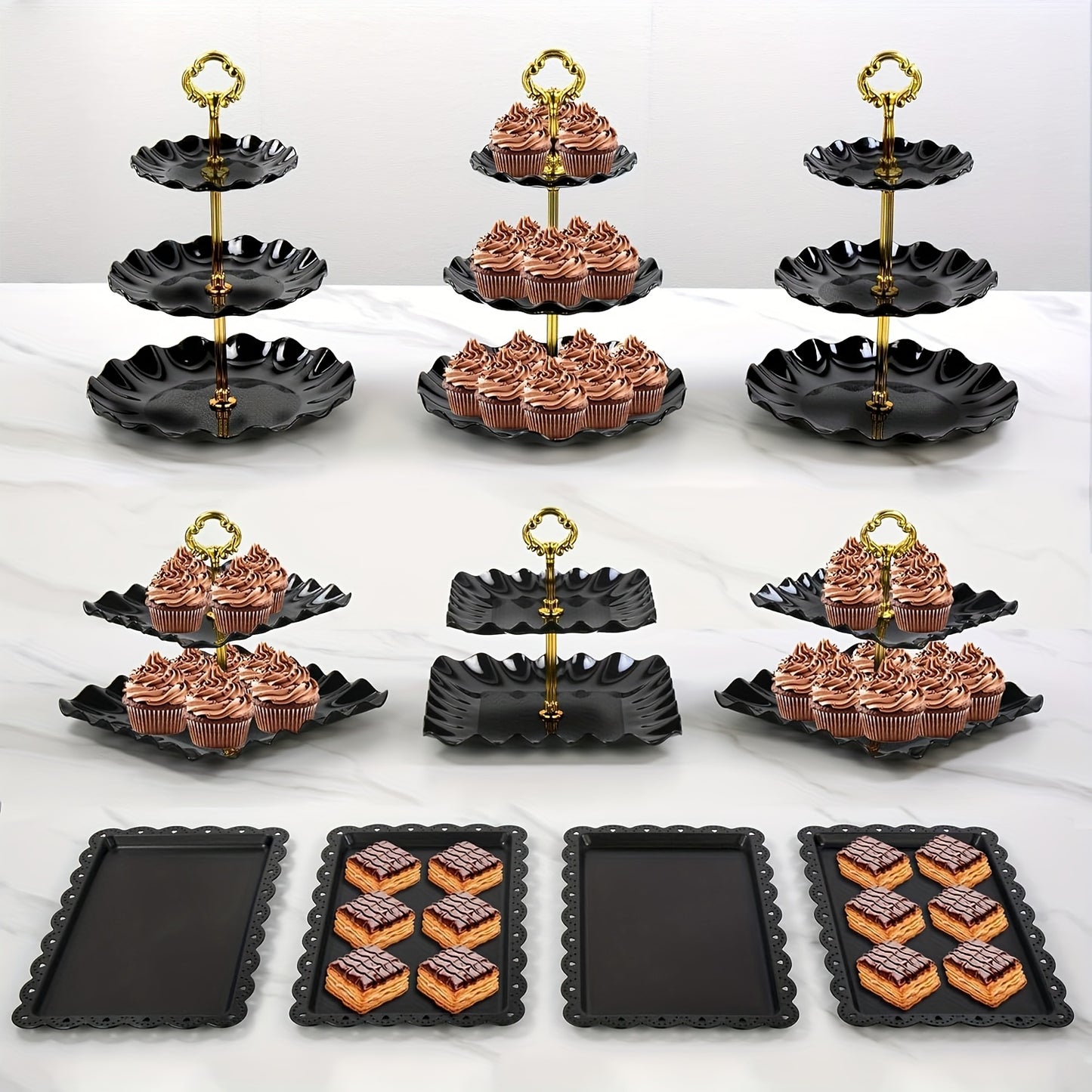 10pcs Cake Stand Set, 3 X Double Tier And 3 X Triple Tier Cupcake Stands, 4 X Appetizer Trays, Perfect for Birthday Baby Bridal Shower (Black)