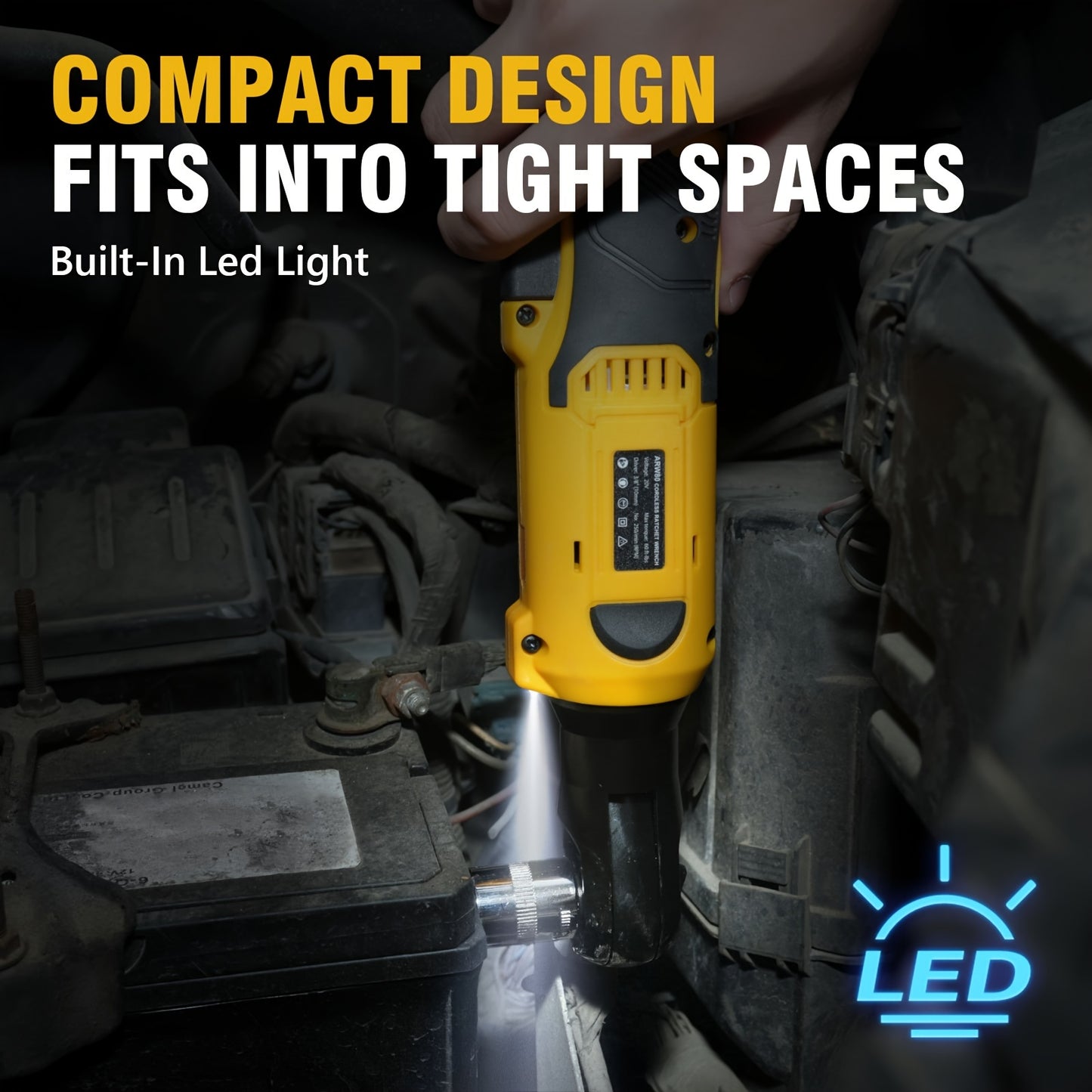 3/8" Cordless Ratchet Wrench Set, 60FT-LBS (80N.m) Electric Ratchet, 2 X 20V Chargeable Power Ratchet Wrench With Variable Speed, LED Light, 6 Sockets, 1/4" Adapter, 3" Extension Rod