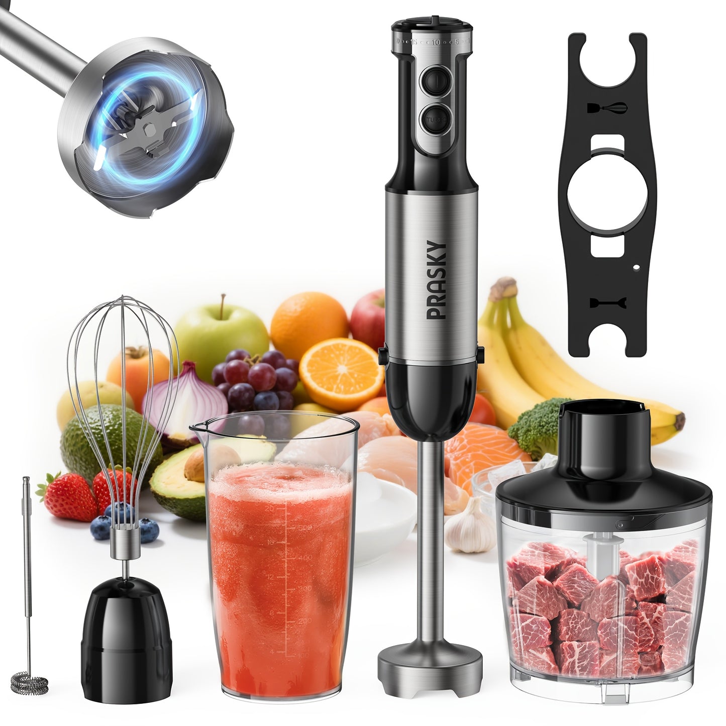 5-in-1 Handheld Mixer, With Attachments - Whisk, Measuring Cups, Heavy Duty Motor, Meat Chopper, Kitchen Must Haves, Immersion Blender