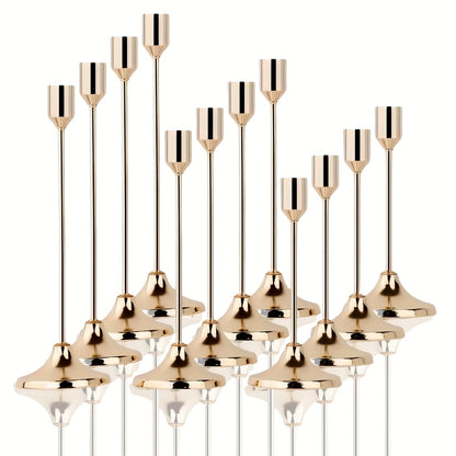 12pcs Elegant Metal Candle Holders - Modern Tapered Design with Polished Golden Finish, Versatile Tabletop Decor for Christmas, Halloween, Weddings, Anniversaries, Home & Hotel Centerpieces (Candles Not Included), Festive Decoration, Sleek Style, Durable
