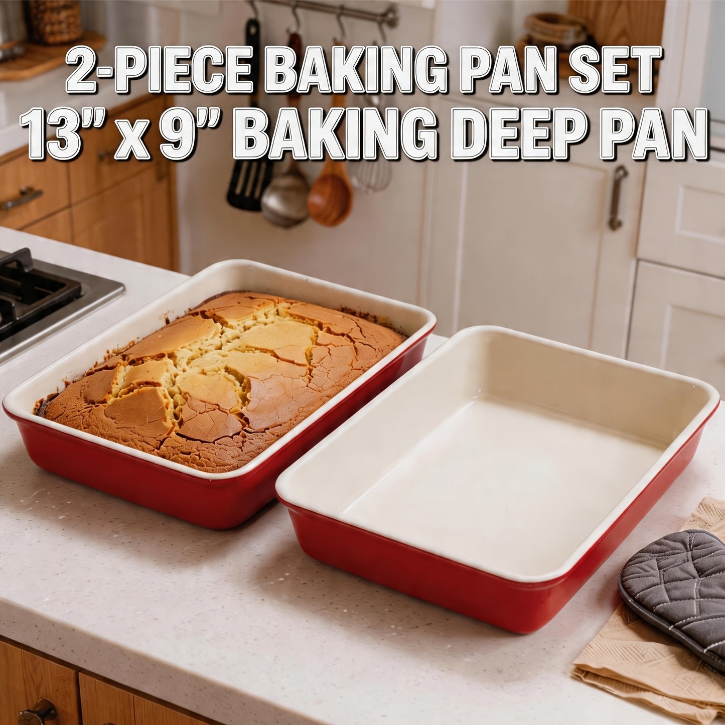 2pcs Baking Pan Set, 13" X 9"Baking Deep Pan, 0.6mm Thick Carbon Steel Cake Pan, Non-Stick Oven-Safe Trays for Baking/Roasting