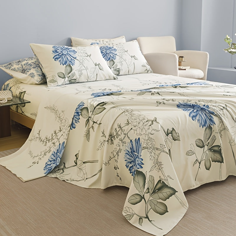 4-Piece Fresh Flowers Bedding Set | 1 Fitted Sheet + 1 Flat Sheet + 2 Pillowcases | Soft & Breathable Polyester | All-Season | Machine Washable