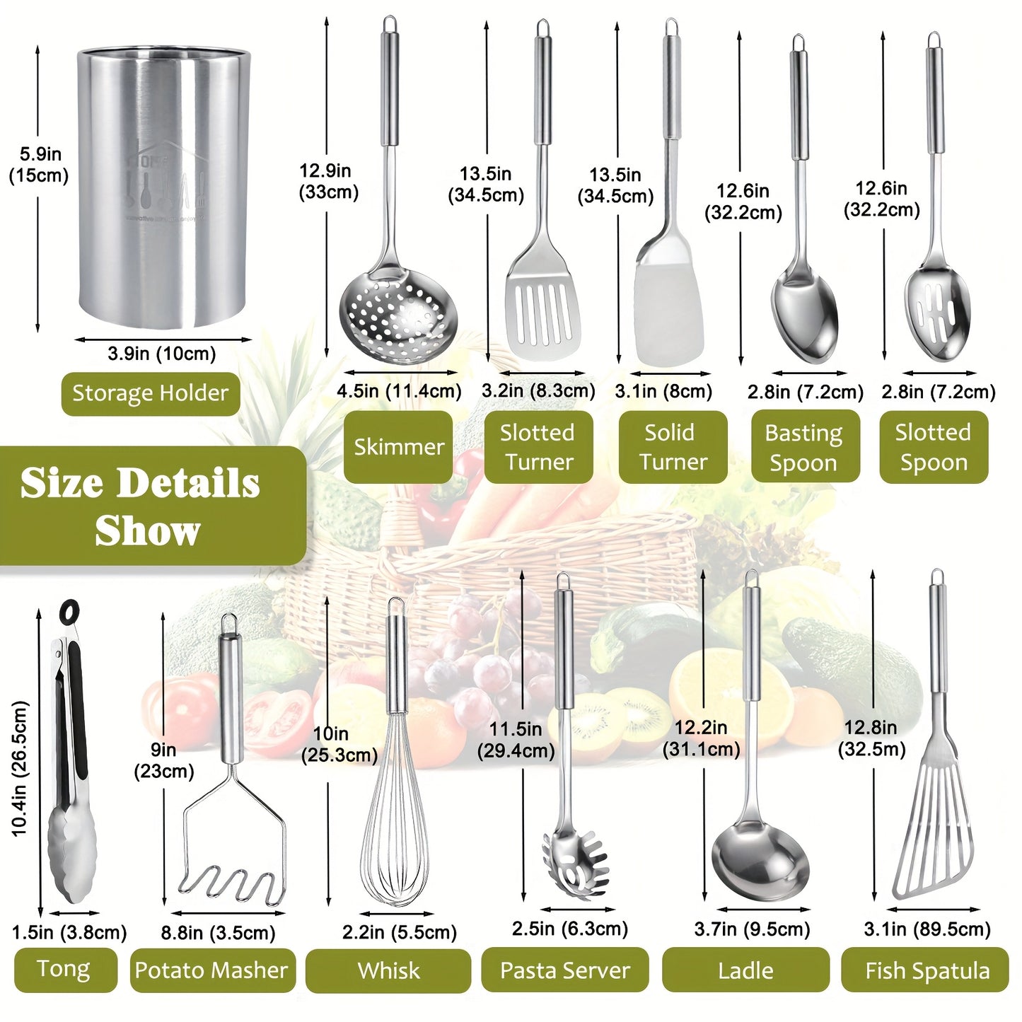 Stainless Steel Kitchen Utensils Set-12pcs, Cooking Utensils Set with Holder, Heat Resistant Metal Spatula Set Utensils Set for Cooking with Turners, Potato Masher, Skimmer, Spoons, Tongs, Whisk
