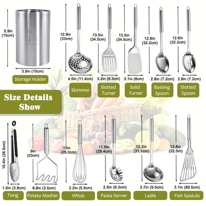 Stainless Steel Kitchen Utensils Set-12pcs, Cooking Utensils Set with Holder, Heat Resistant Metal Spatula Set Utensils Set for Cooking with Turners, Potato Masher, Skimmer, Spoons, Tongs, Whisk