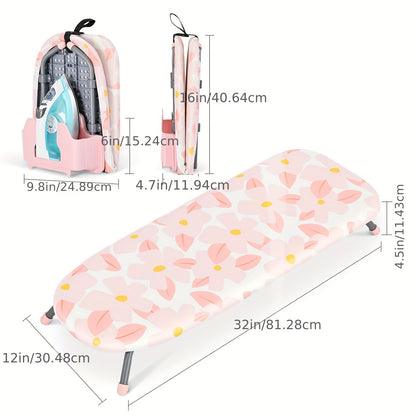 Small Ironing Board with Iron Holder, Compact Ironing Board with Non-Slip Feet, Portable Tabletop Ironing Board with Cover for Small Spaces And Travel, Pink