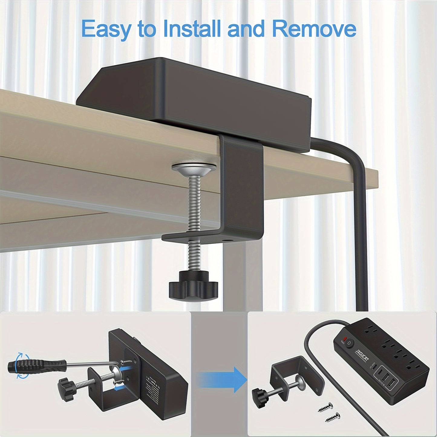 1pc Desk Clamp Power Strip With USB C, PD 20W Removable Fast Charging Desktop Edge Power Strip Surge Protector, 8.8Ft Extension Cord Flat Plug With 4 Outlet 4 USB Ports, Fit 1. 8" Tabletop Edge