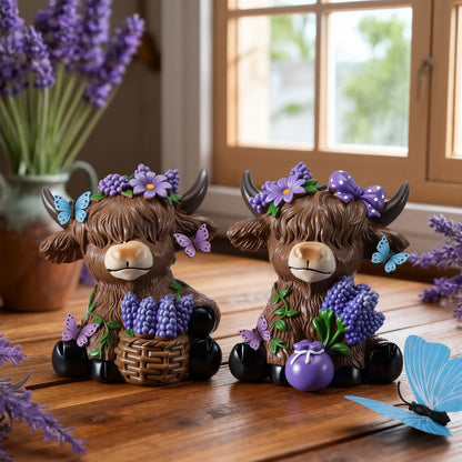 2pcs Scottish Highland Cow Figurines with Lavender - Resin Calf Statue Suitable for Home Garden Office Decor, Spring Table Centerpiece, Scottish Gnome Gifts for, Shelf Tray Display, Lavender-Themed Scottish Cow Statues