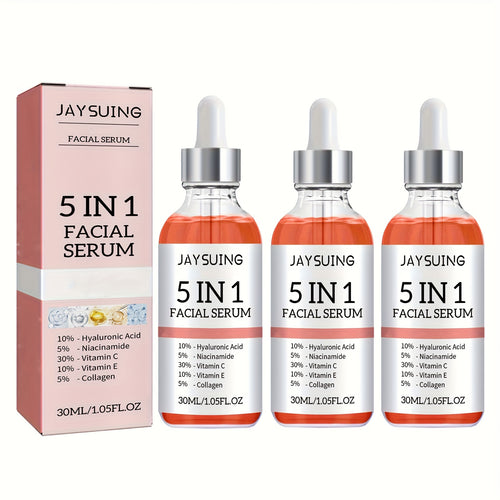 3pcs, 30ml/1fl.oz, 5-in-1 Facial Serum - with Hyaluronic Acid, Vitamin C & E, Hydration Formula, Suitable for All Skin Types, Non-Irritating, Alcohol-Free, Unisex Adult Skin Care