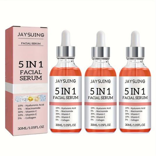 3pcs, 30ml/1fl.oz, 5-in-1 Facial Serum - with Hyaluronic Acid, Vitamin C & E, Hydration Formula, Suitable for All Skin Types, Non-Irritating, Alcohol-Free, Unisex Adult Skin Care