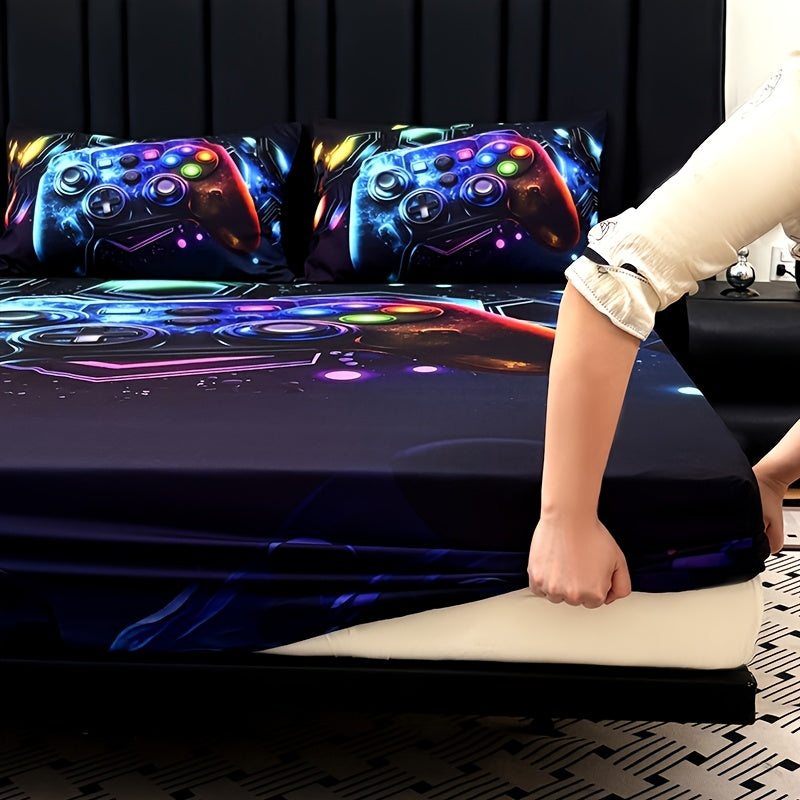 3pcs Gaming Bed Sheet & Mattress Protector Suitable for Boys and Girls, Gamepad Bedding with Deep Pocket Fitted Sheet + 2 Pillowcases, Machine Washable Bed Sheets for Dorm Room Decor, Gift for,, Gamers (No Filling)