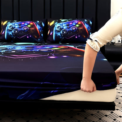 3pcs Gaming Bed Sheet & Mattress Protector Suitable for Boys and Girls, Gamepad Bedding with Deep Pocket Fitted Sheet + 2 Pillowcases, Machine Washable Bed Sheets for Dorm Room Decor, Gift for,, Gamers (No Filling)
