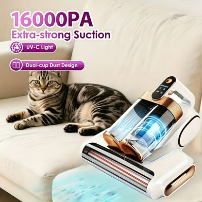 Mattress Vacuum Cleaner, with 16 Kpa Suction Power, Dual Cup Portable Handheld Vacuum Cleaner with 253.7 Nm UV Lamp And 80000Rpm Rotating Soundwave Technology Technology, for Cleaning Beds/Fabric Sofas/Carpets