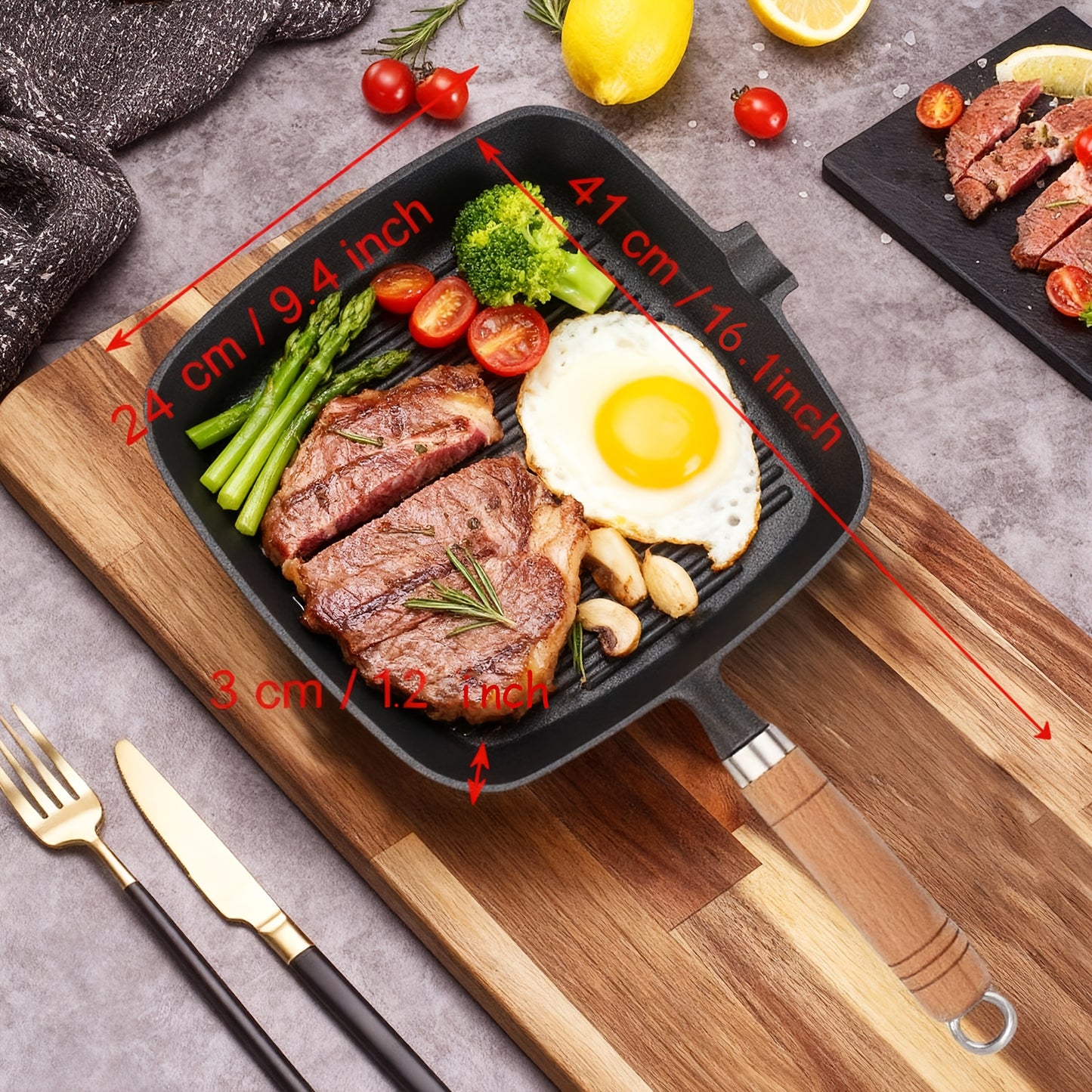 1 Cast Iron Steak Frying Pan, Non Stick Frying Pan, Striped Design, Thick Wooden Handle, Perfect For Grilling And Sauce Locking - Meat, Pancakes, Eggs - Versatile And Durable Kitchen Utensil, Suitable For Gas Stoves, Home And Outdoor Camping