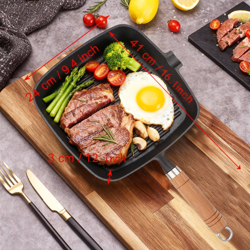 1 Cast Iron Steak Frying Pan, Non Stick Frying Pan, Striped Design, Thick Wooden Handle, Perfect For Grilling And Sauce Locking - Meat, Pancakes, Eggs - Versatile And Durable Kitchen Utensil, Suitable For Gas Stoves, Home And Outdoor Camping