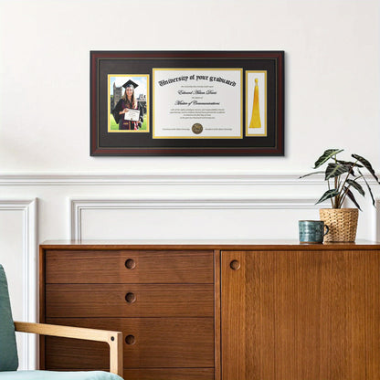 One Set of Diploma Frame Measuring 11X22, Featuring a Tassel Holder Suitable for an 8.5X11 Certificate And a 5X7 Photo, Designed with a Black Mat Over Golden, High-Definition Glass, And a Mahogany End Adorned with Golden Beads