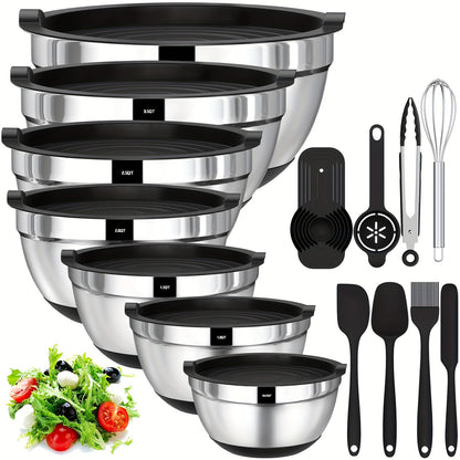 20pcs Mixing Bowls With Airtight Lids, Stainless Steel Metal Nesting Bowls, Non-Slip Colorful Silicone Bottom, Size 7, 3.5, 2.5, 2.0, 1.5, 1, 0.67QT, Great For Mixing, Baking, Serving
