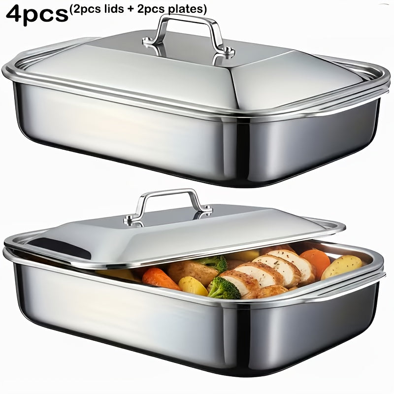 4/8pcs Extra-large Heavy-duty Stainless Steel Baking Sheets, 4/8pcs Set with Lids. Oven Trays, Large-capacity Multi-purpose Heating Trays, And Roasting Pans. Non-stick, Thickened Rectangular Baking Pans, Ideal for Baking Desserts, Bread, And Seafood