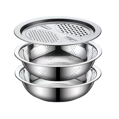 Set of 3 Stainless Steel Kitchen Tools Featuring a Built-In Grinder, Versatile Filter, And Mixing Bowl - Perfect for Washing And Slicing Fruits, Vegetables, And Cheese. Ensures Food Safety with a Drainage System