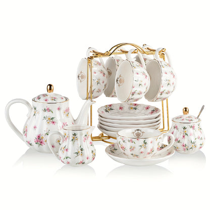 Sweejar Porcelain Tea Sets British Royal Series, 8oz Cups & Saucer Service for 6, with Teapot Sugar Bowl Cream Pitcher Teaspoons And Tea Strainer, Suitable for High Tea, Wedding, Party
