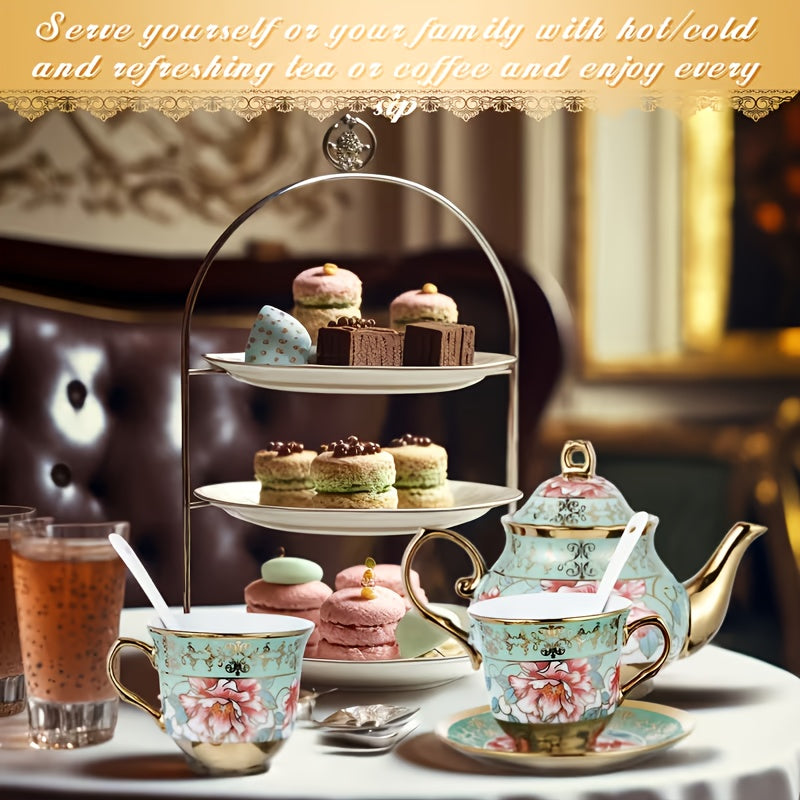 A Set of High-End Italian Teapot And Teacup, Including Multiple Floral Ceramic Tea Utensils And Plates, a European-Style Afternoon Tea Set with a Metal Base, Featuring Blooming Patterned Cup Bodies, Complete Tea Set Additions