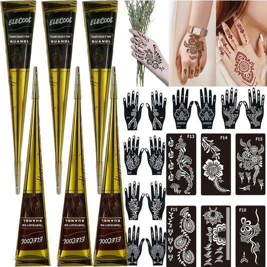 Temporary Semi-Permanent Tattoo Paste Kit - Waterproof Body Art Gel in Brown & Black with Tattoo Templates, Safe Non-Irritating Henna-Style Ink for Parties, Festivals, Cosplay & Daily Decoration