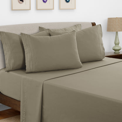 Lux Decor 6 Pieces Solid Bed Sheets Set - Modern Soft Comfortable Bedding Set, Hotel Luxury Skin Friendly Cooling Sheets & Embroidered Pillowcases Without Filler - All Seasons Bed Sheet with 16 Inches deep Pocket, Breathable Skin Friendly & Cooling Sheets