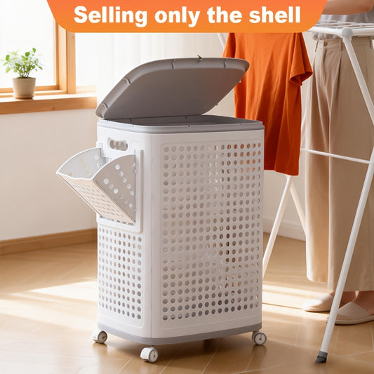 Large Rolling Laundry Basket with Lid And Wheels - Foldable Ventilated Plastic Storage Bin with Lockable Casters, Inner Small Basket for Underwear, Space-Saving Multi-Purpose Organizer for Clothes, Bathroom And Laundry Room, Laundry Baskets