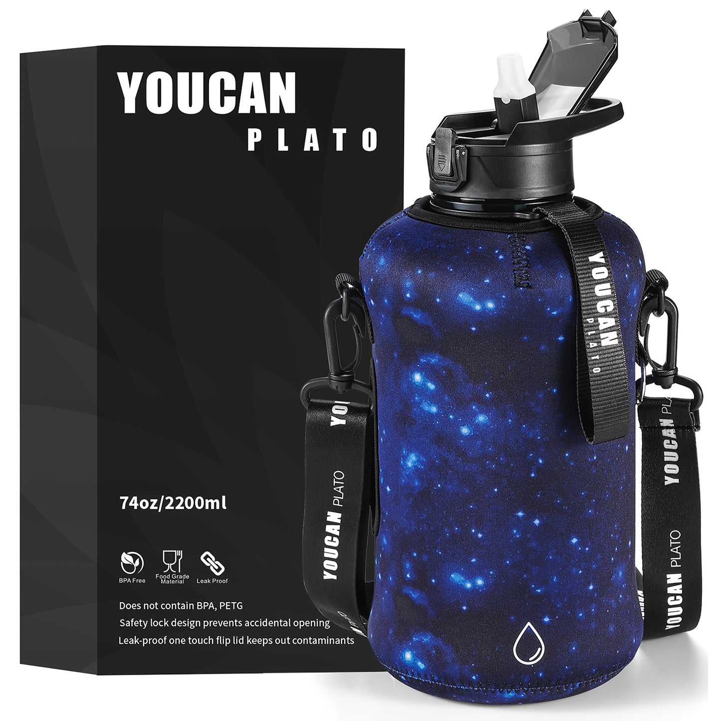 YOUCAN PLATO 74oz Half Gallon Water Bottle with Sleeve-Large Water Bottle -Big Gym Water Bottle with Straw- Gallon Water Jug with Handle and Bottle Brush-BPA Free- Leakproof, Workout Bottle