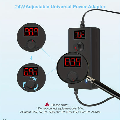 Power Adapter 24W 12V 9V 6V 5V 4.5V 3V 2A 1.5A 1A Adjustable Power Supply Charger AC/DC Adapter Converter Switching 100V-240V AC to DC 3V-12V & Polarity Converter & 14 Tips 2Amp Max