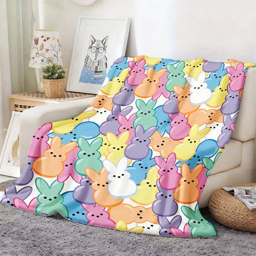 1pc Easter Rabbit Marshmallow Flannel Blanket | Bohemian Style High-Definition Printed Pastel Bunny Design, Soft Warm Lightweight All Season Throw for Sofa Bedroom Camping Yoga Travel, Cozy Home Decor Gift, Polyester, Machine Washable