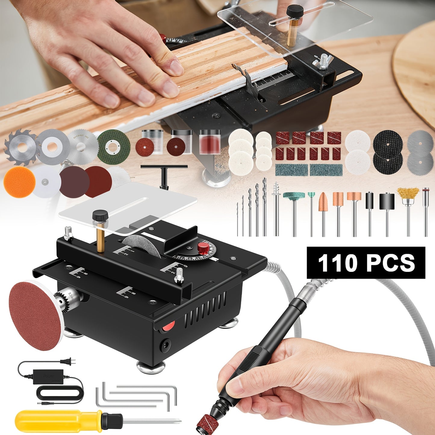 AUXTUR Mini Table Saw, Multifunctional Portable Adjustable, Cutting, Sanding, Carving, Drilling, All-In-One Machine, 7-Level Speed Adjustable Power Supply for Cut Metal Wood Plastic Acrylic