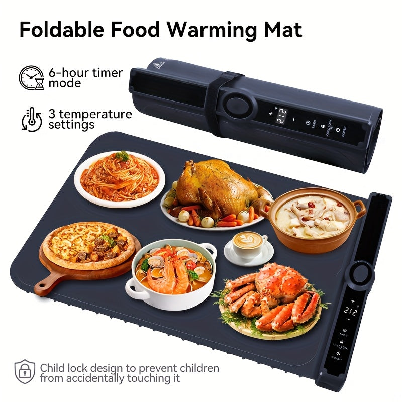 Food Warming Pad, Made Of Silicone, with 3 Temperature Levels And 6-hour Timing Function, Electric Heating Pad with Full Surface Rapid Heating Function, Foldable Food Warming Tray for Buffet Party Kitchen Countertop