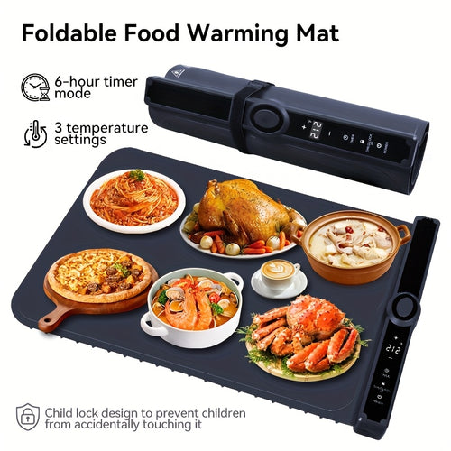 Food Warming Pad, Made Of Silicone, with 3 Temperature Levels And 6-hour Timing Function, Electric Heating Pad with Full Surface Rapid Heating Function, Foldable Food Warming Tray for Buffet Party Kitchen Countertop
