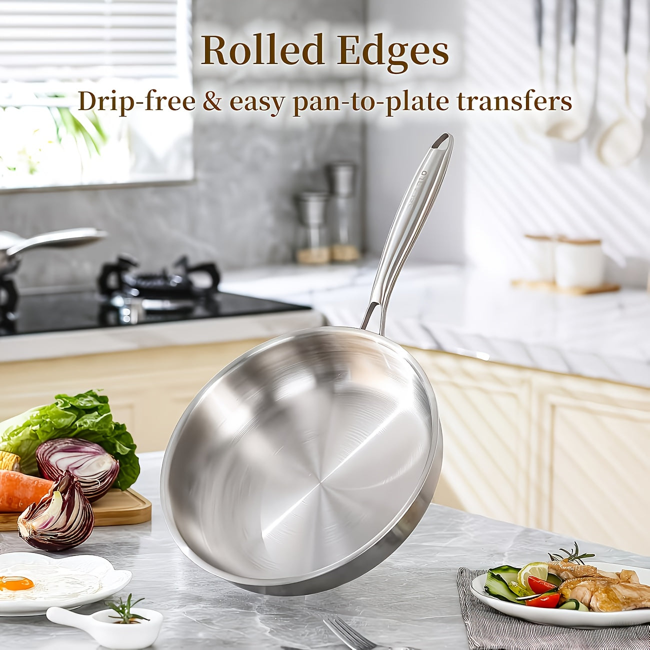 11in Triply Base Stainless Steel Frying Pan | Ergonomic Handle, Induction Compatible, Even Heat Distribution, Professional Restaurant Grade Cookware, 304 Stainless Steel, Dishwasher Safe