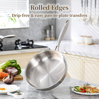 11in Triply Base Stainless Steel Frying Pan | Ergonomic Handle, Induction Compatible, Even Heat Distribution, Professional Restaurant Grade Cookware, 304 Stainless Steel, Dishwasher Safe
