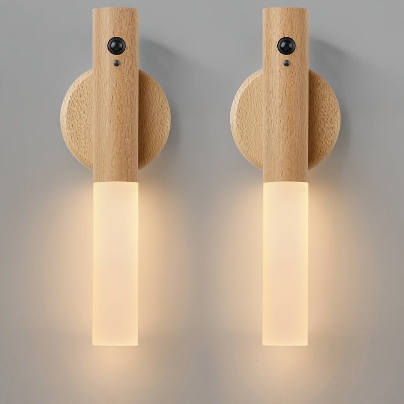 Motion Night Light Rechargeable LED – IPX4 Waterproof Wood Grain & Walnut Under Cabinet Step Lamp for Staircase, Hallway, Wardrobe, Closet & Indoor Walls (2 or 4 Pack)