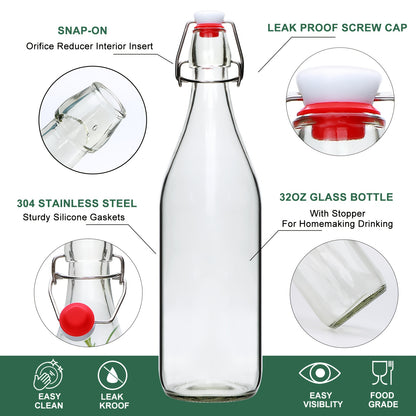 4/6/8/12pcs-32oz Swing Brewing Bottle with Stopper for Beverages, Oil, Vinegar, Water, Soda, Airtight Lid