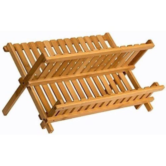 Bamboo Dish Drying Rack 2 Tier – Collapsible Wooden Dish Drainer with 14 Plate Slots, Compact Kitchen Counter Organizer for Dishes, Cups, Knives & Cutting Boards